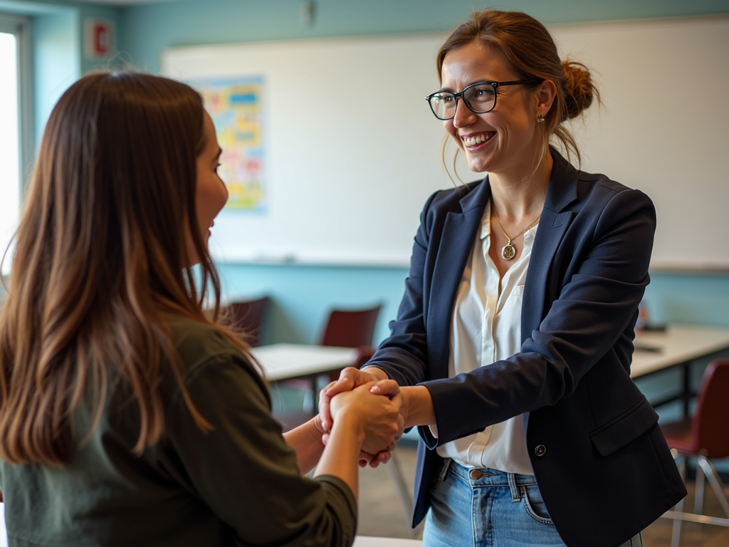 An educator and a community member shaking hands, representing the beginning of a partnership.