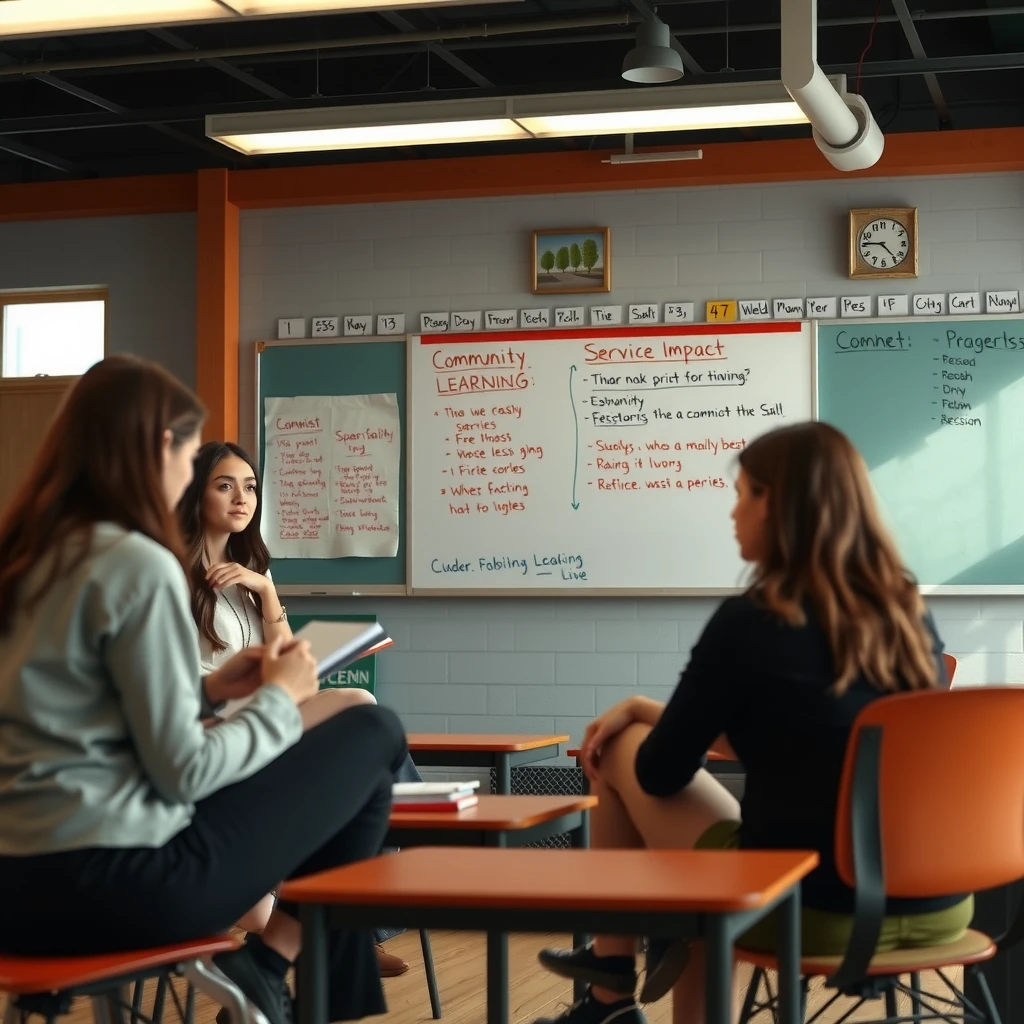 Students reflecting on service learning in a classroom discussion.