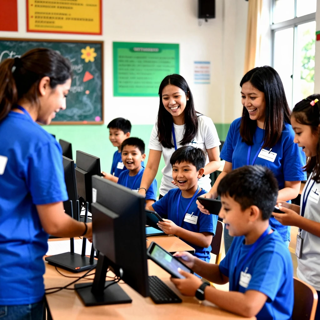 Volunteers equipping a school with new technology
