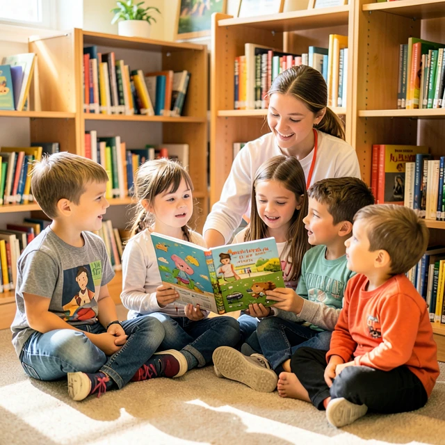 Volunteer reading to children in a community library