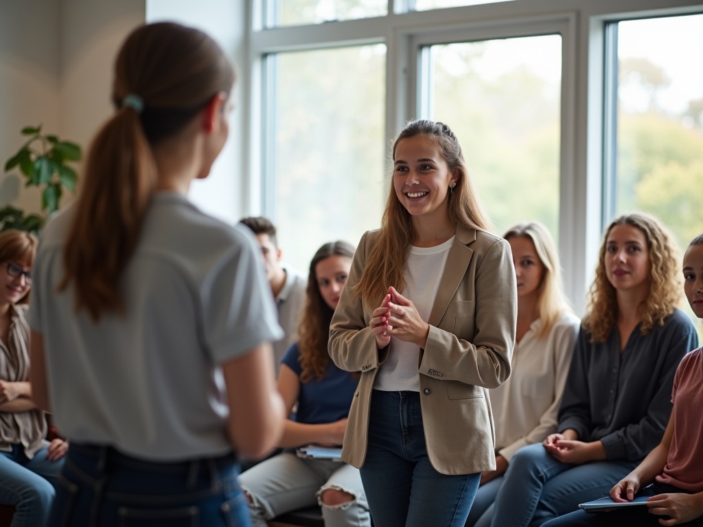 A volunteer practicing a speech in front of a small audience.