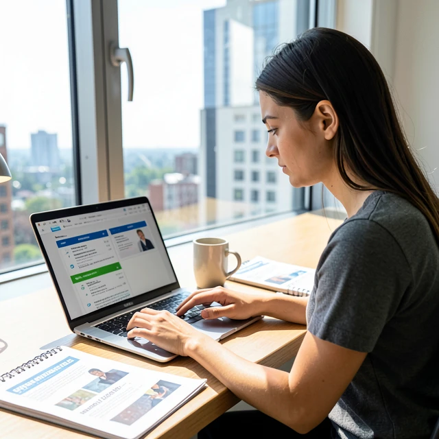 Recent graduate working on her resume at home desk