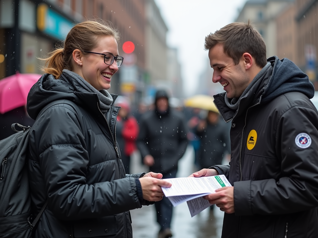 Youth volunteer distributing flyers in the rain.