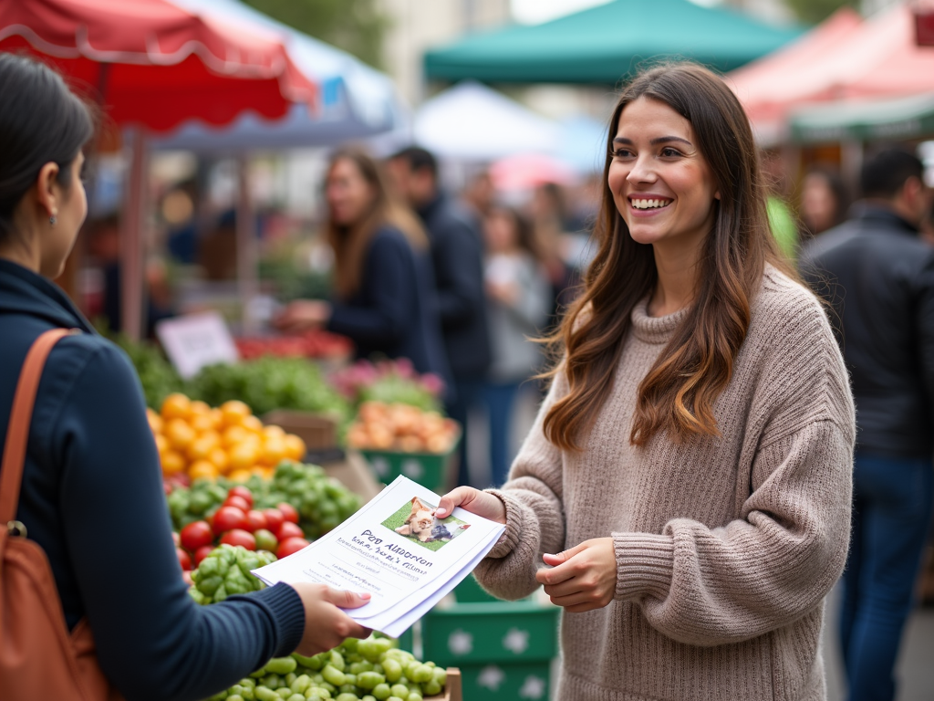 Volunteer promoting pet adoption at a market