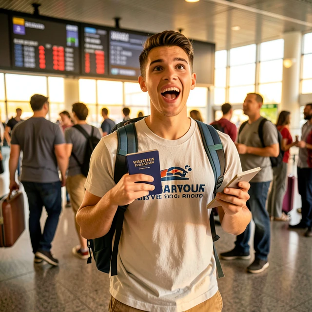 Young volunteer ready for first trip abroad at airport