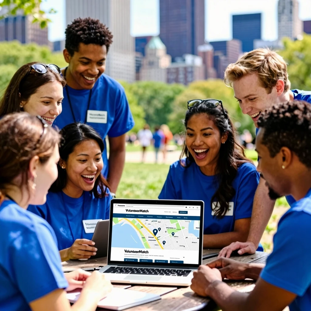 Group of volunteers using VolunteerMatch on a laptop in a park