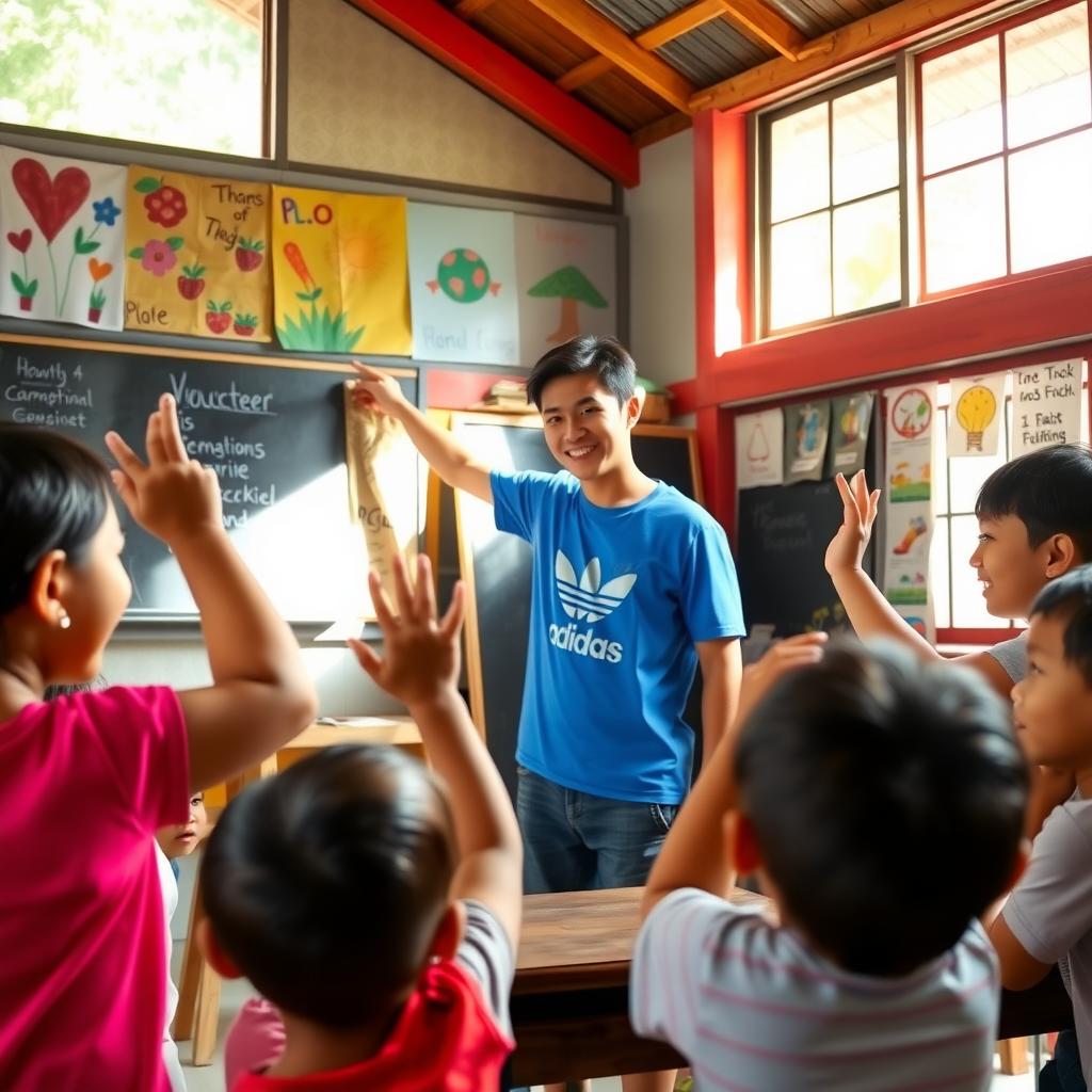 Volunteer teaching children in a bright classroom in a rural Southeast Asian village.