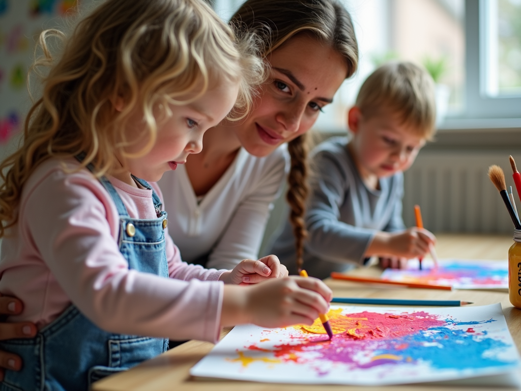 Volunteer teaching art to children.