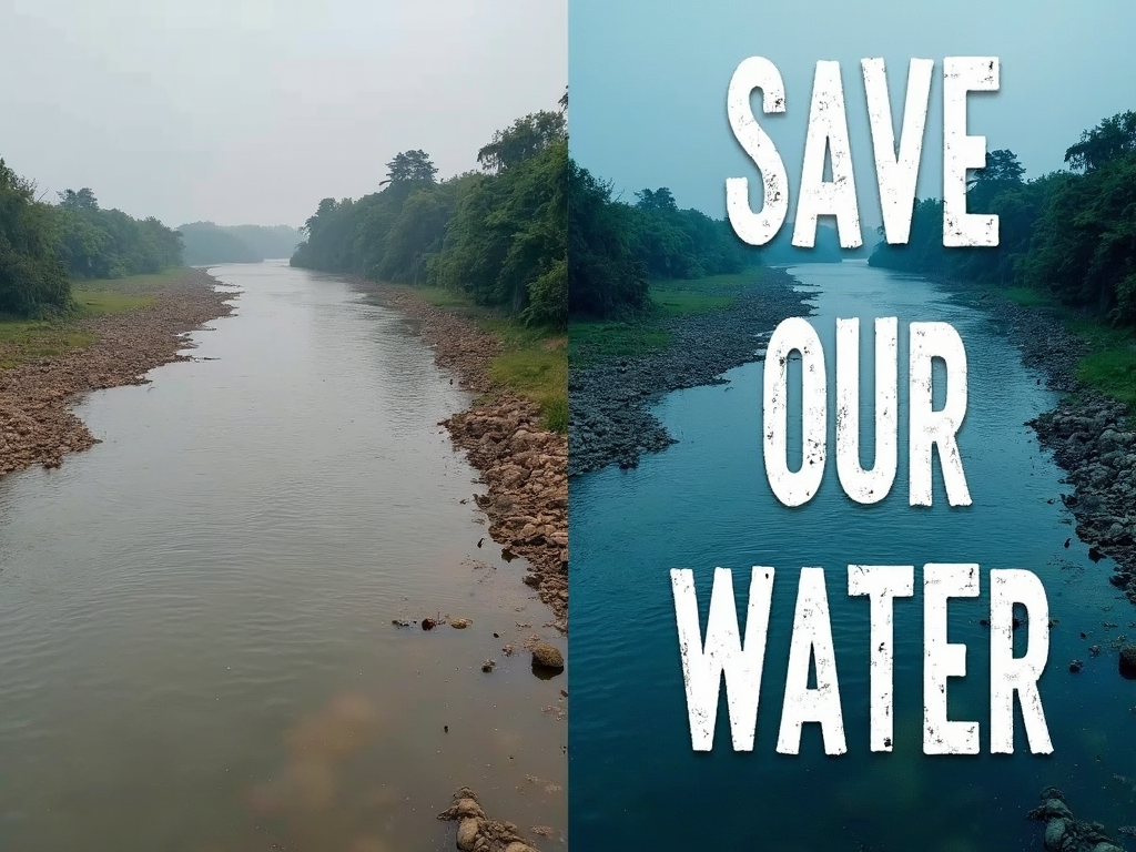 Before-and-after of a river photo transformed into an activism poster.