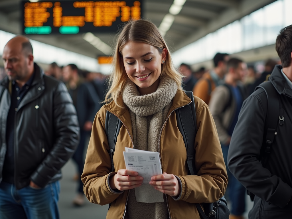 Confident traveler using public transportation in a foreign country.