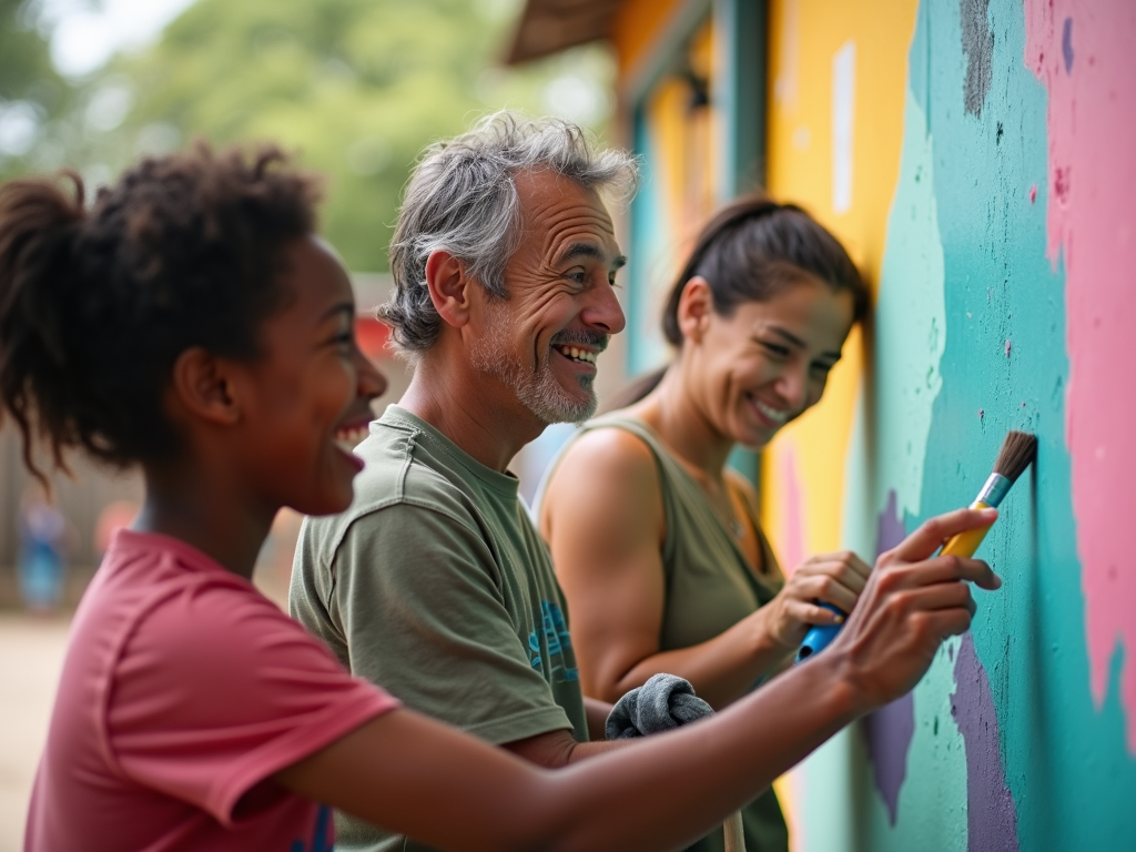 Diverse volunteers painting together