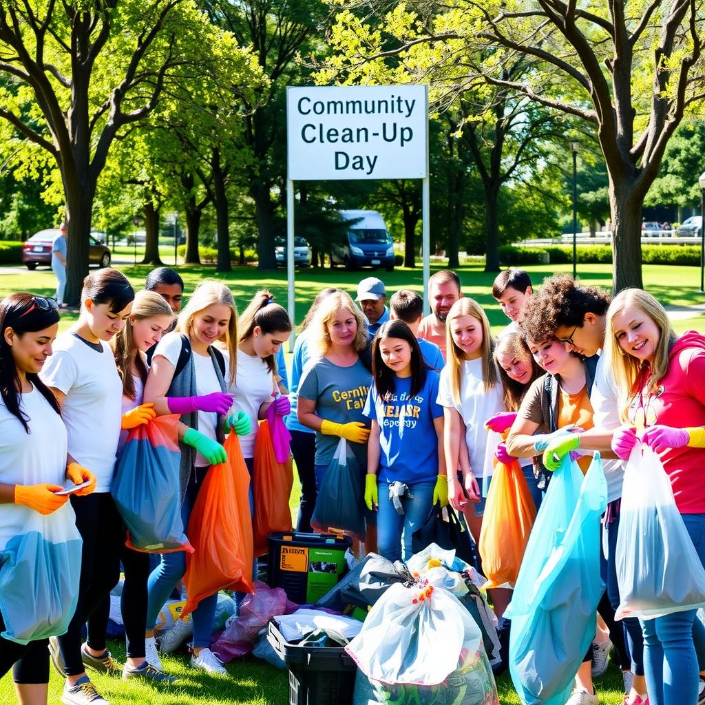 Volunteers collecting trash during a community cleanup event in a park.