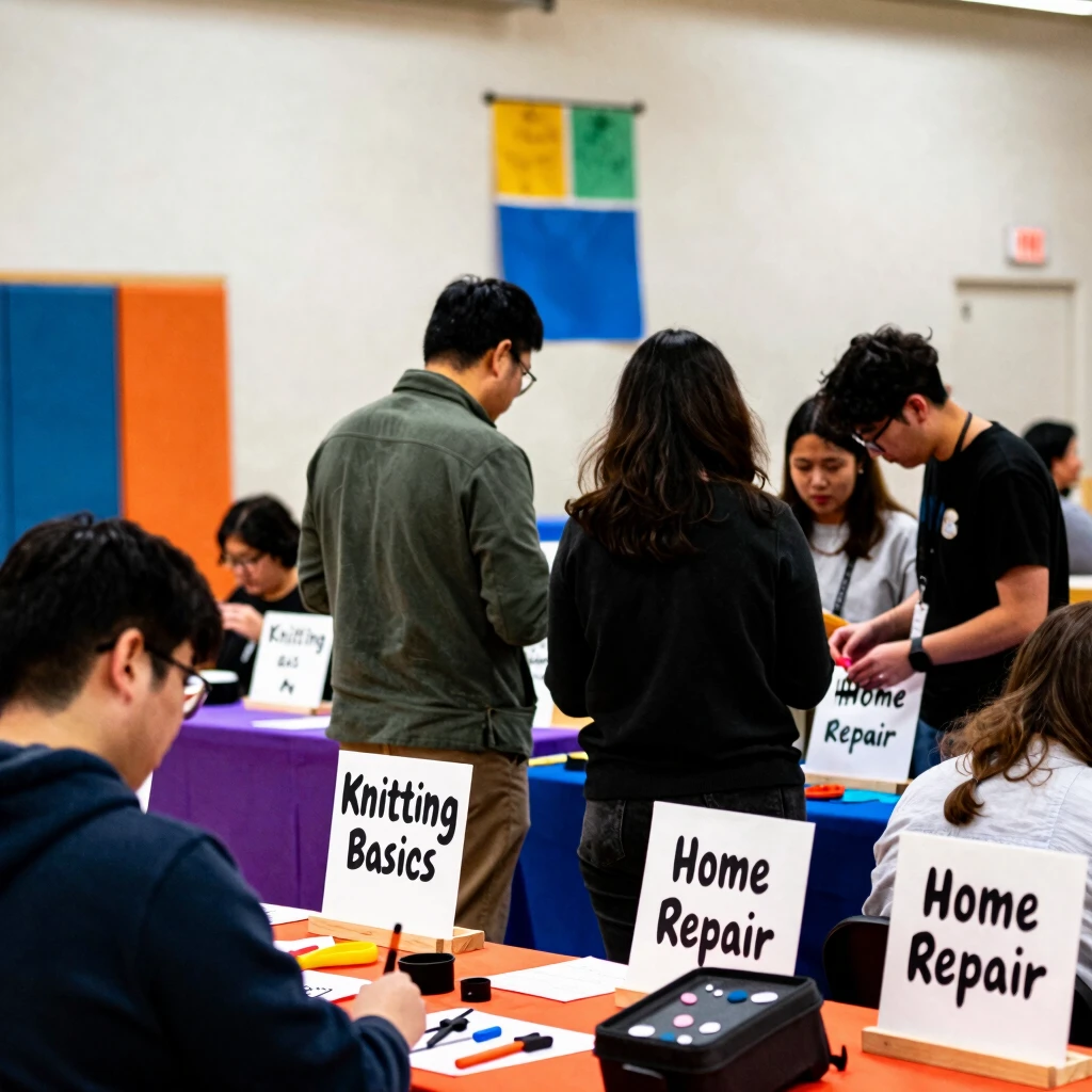 Attendees participating in a lively skill-share community fair