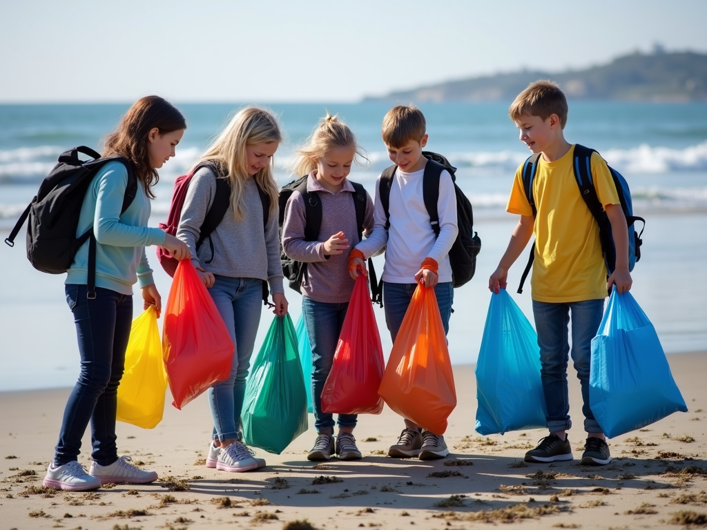 Students engaged in a service-learning project cleaning up a beach to protect the environment.