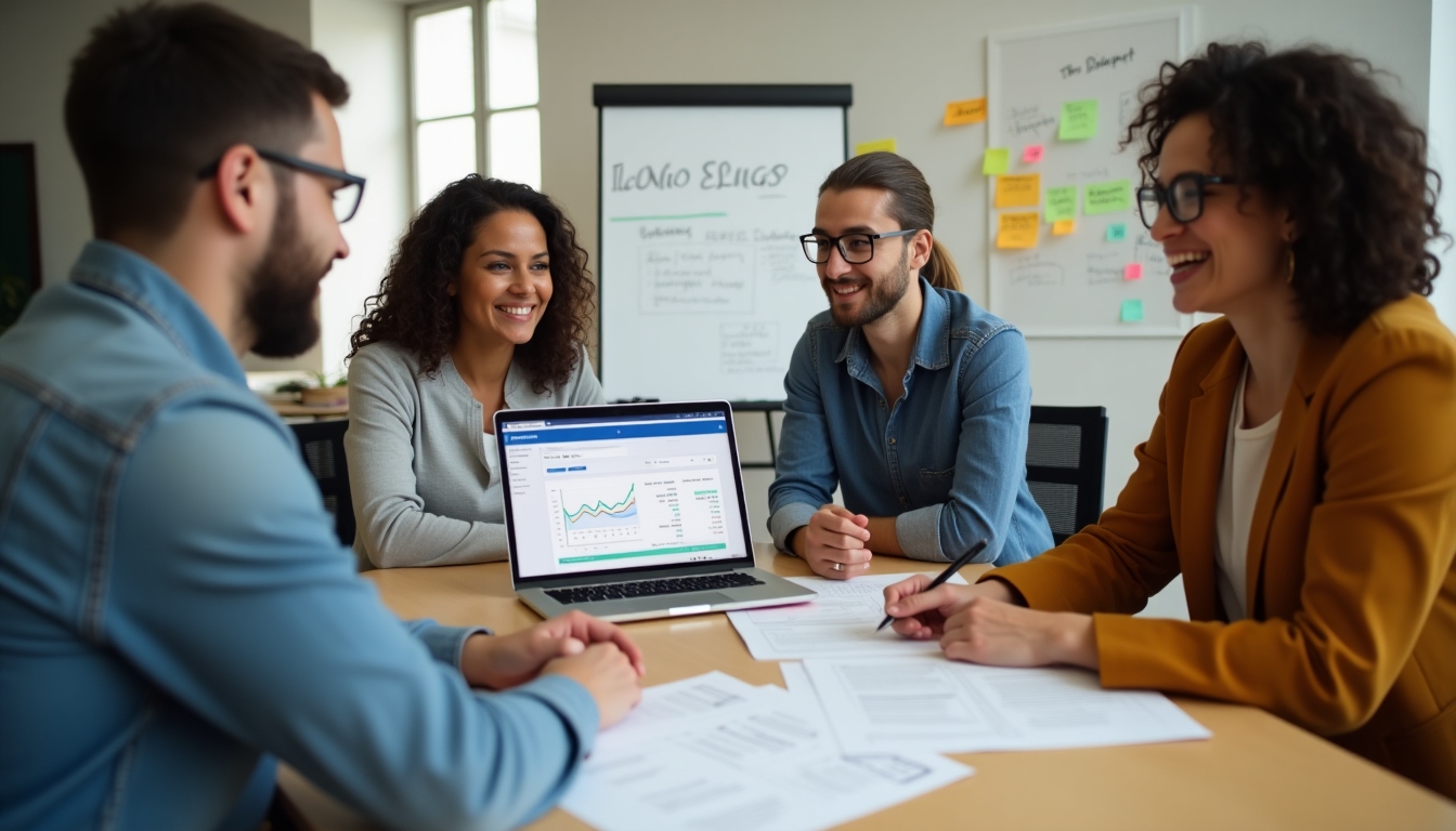 Non-profit team reviewing finances with software and documents