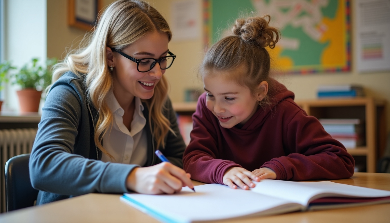Volunteer tutor helping a student in a classroom.
