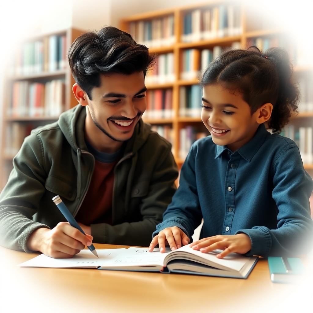 College student tutoring a young child in a library, both smiling over a math worksheet.