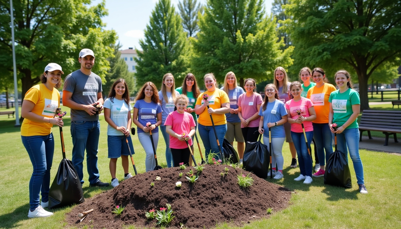 A group of volunteers helping to clean a public park, showcasing civic involvement.