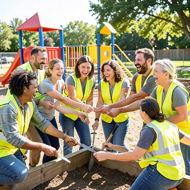Diverse volunteers constructing a community playground