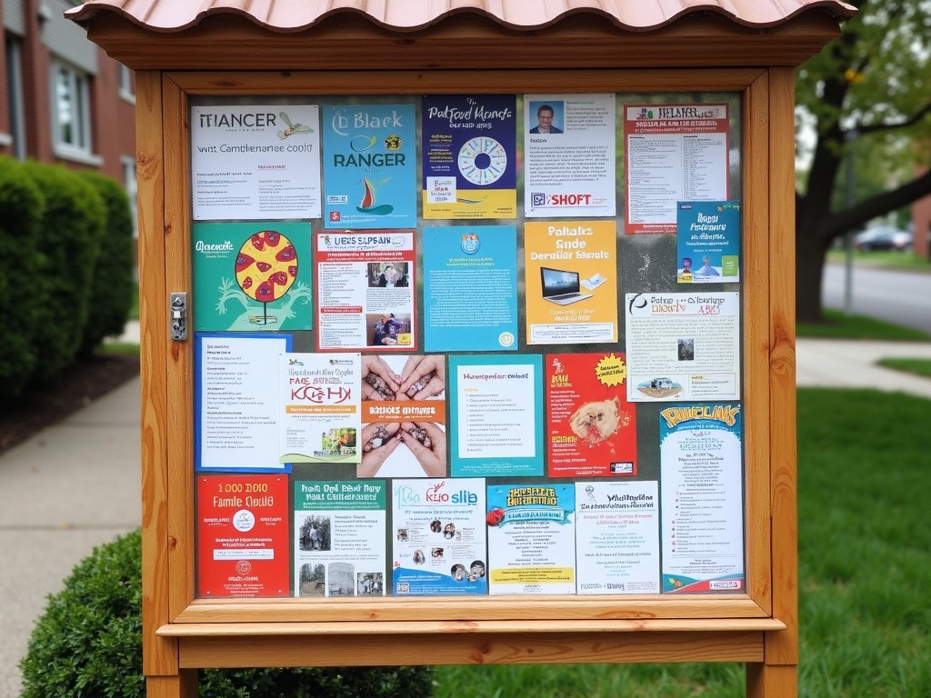 A community bulletin board filled with flyers and notices about upcoming local events.