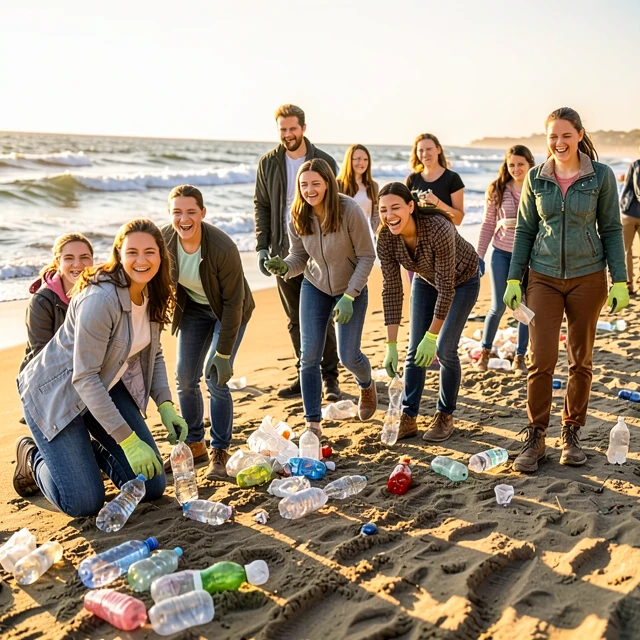 Diverse volunteers participating in a beach cleanup project to protect marine environments