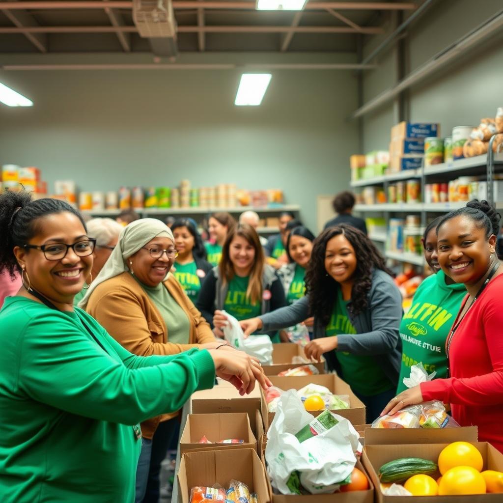 Volunteers sorting and distributing food at a community center