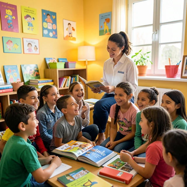 Volunteer teaching children in a global classroom