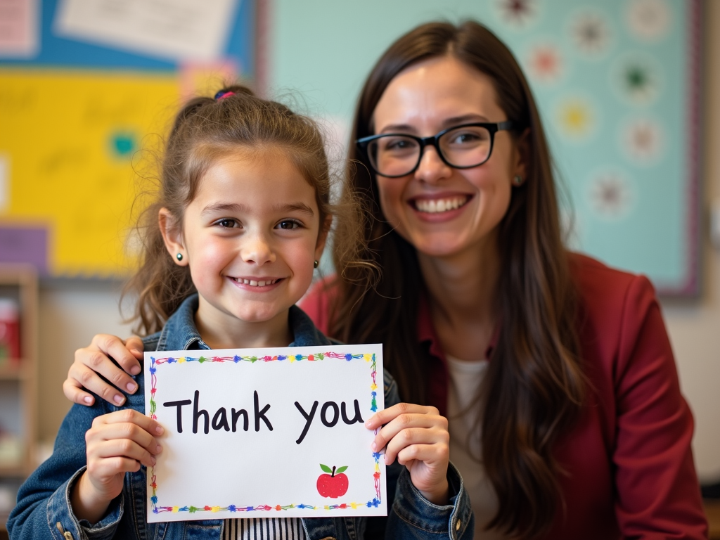 A young student shows gratitude with a homemade card, reflecting the impact of a volunteer’s efforts.