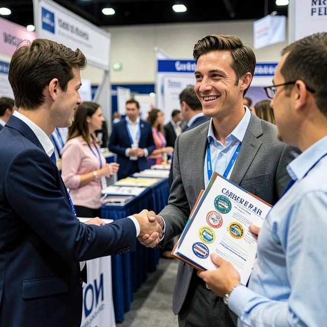 College student discussing volunteer experience at a career fair