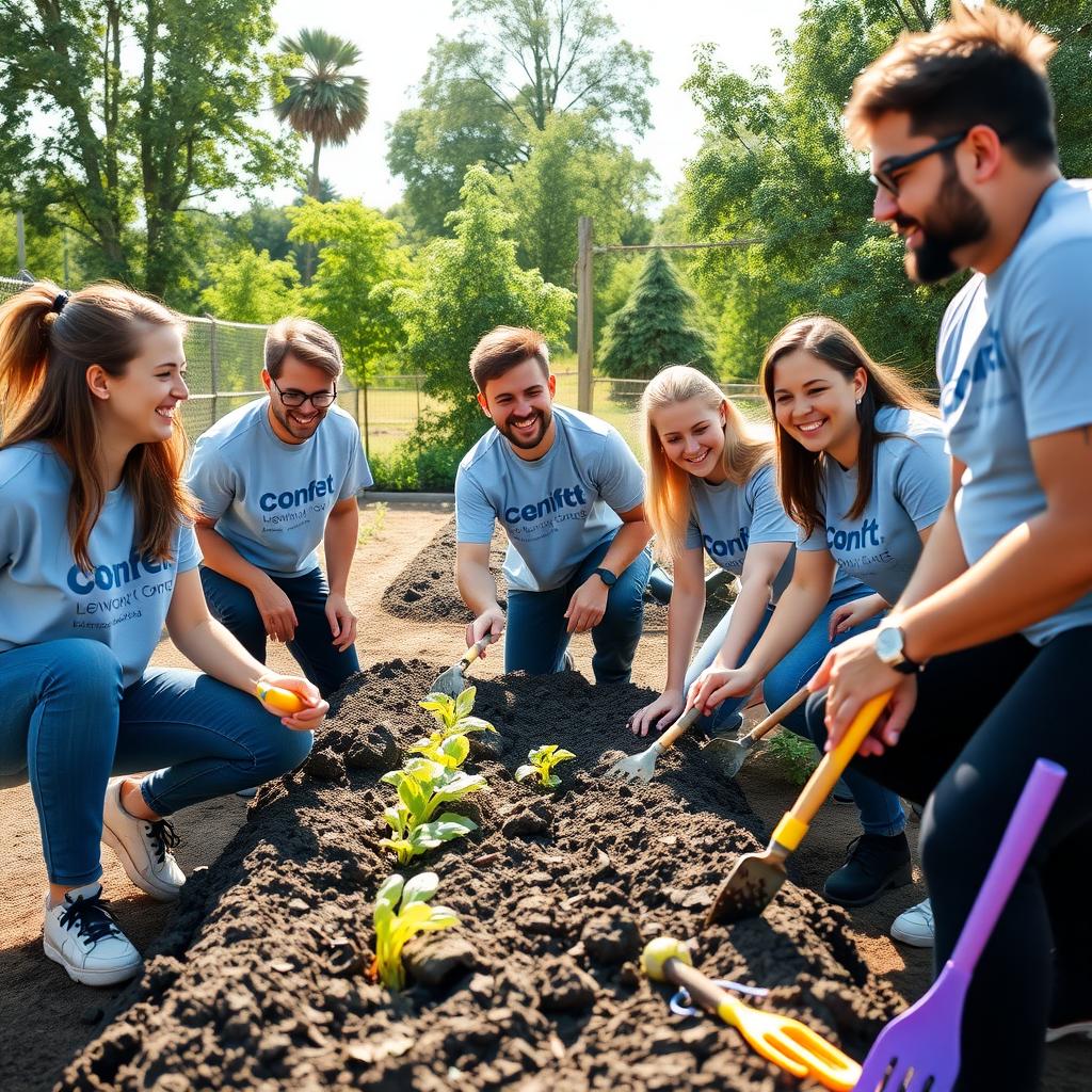 Coworkers in company t-shirts planting vegetables in a community garden.