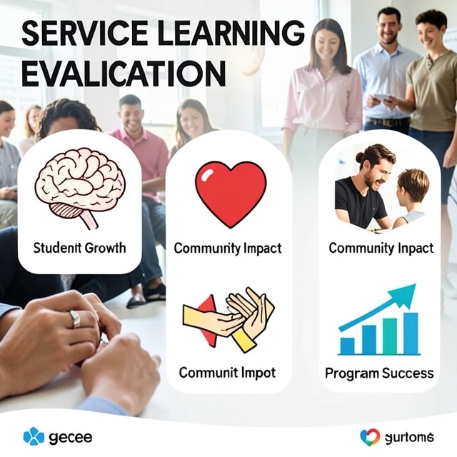 Infographic of service learning evaluation metrics including student and community impact