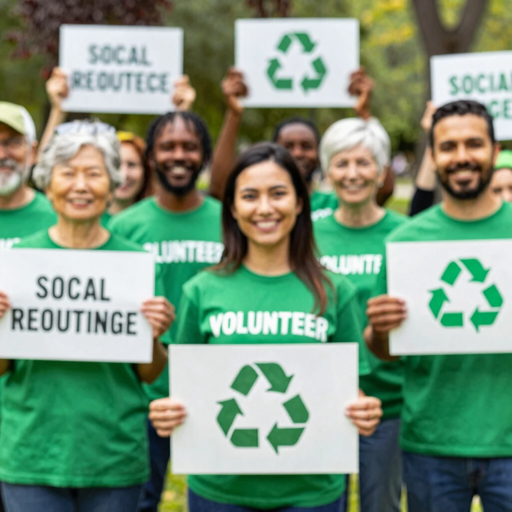Diverse group of advocacy volunteers holding signs in a park
