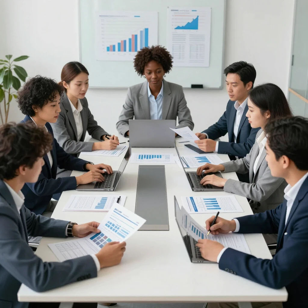 Diverse team reviewing nonprofit financial reports and budgets in a meeting