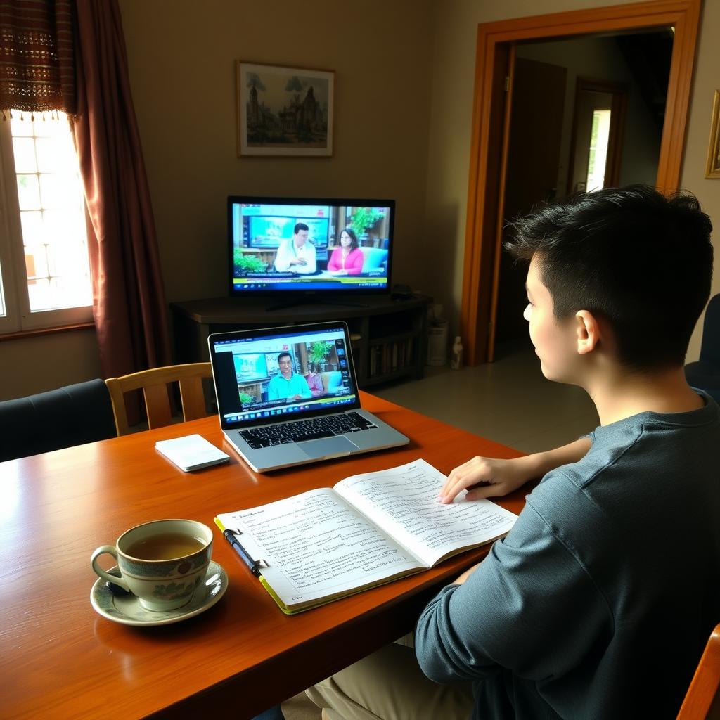 Volunteer studying language by watching a local TV show on a laptop in a cozy homestay.