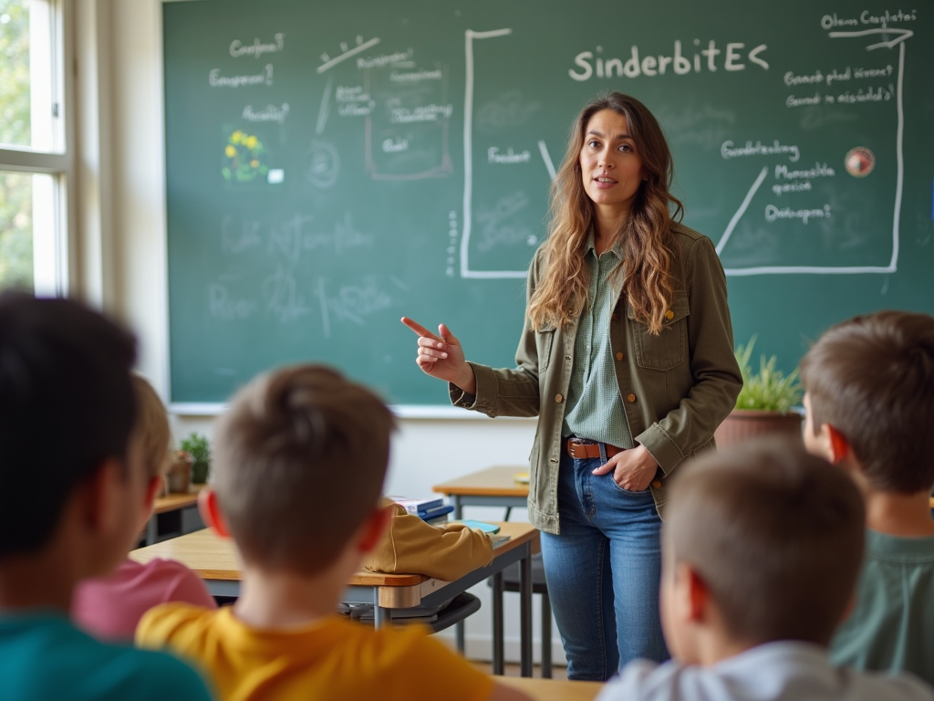 A volunteer teacher explaining a concept to a group of students