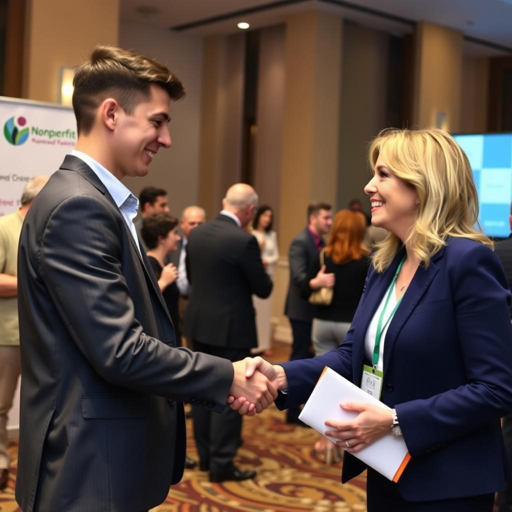 Young volunteer shaking hands with a business professional at a nonprofit fundraising event in an elegant venue.
