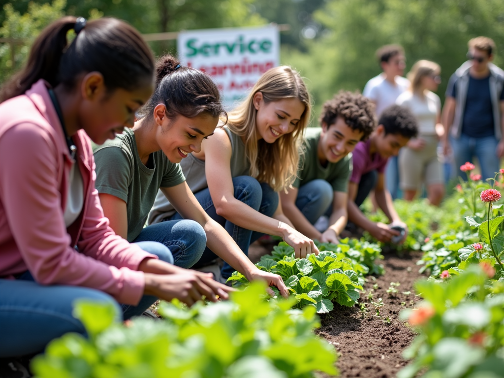 College students participating in a service learning project at a community garden.