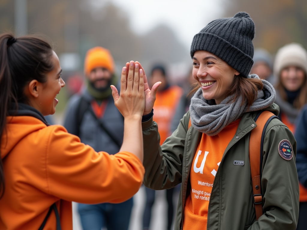 Two volunteers high-fiving each other in celebration after a successful event.