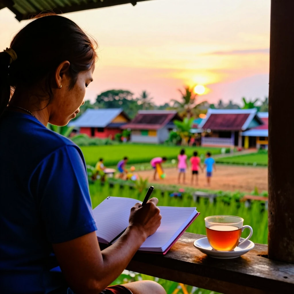 Volunteer reflecting at sunset in a village