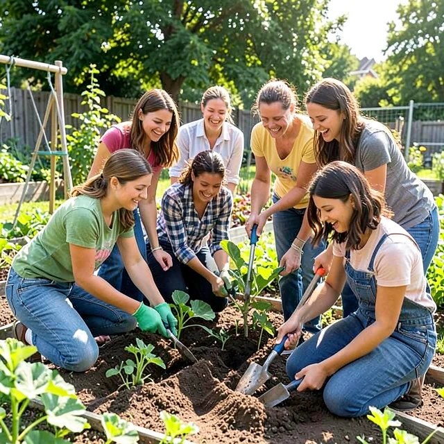 Students volunteering in a community garden planting vegetables with local residents