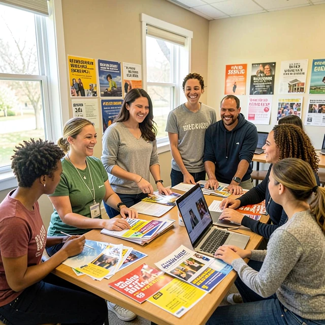 Team of volunteers preparing materials in a grassroots campaign headquarters