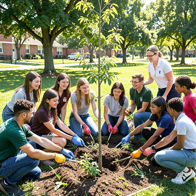 Students planting trees as part of a service learning project