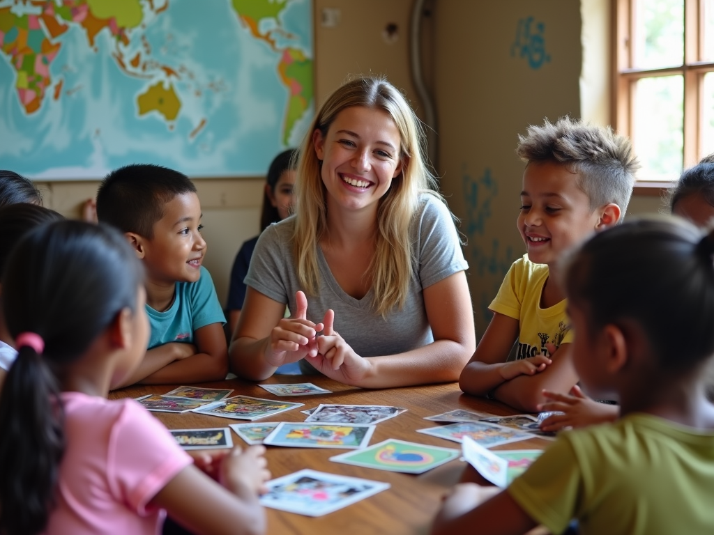 Volunteer teaching language to children abroad