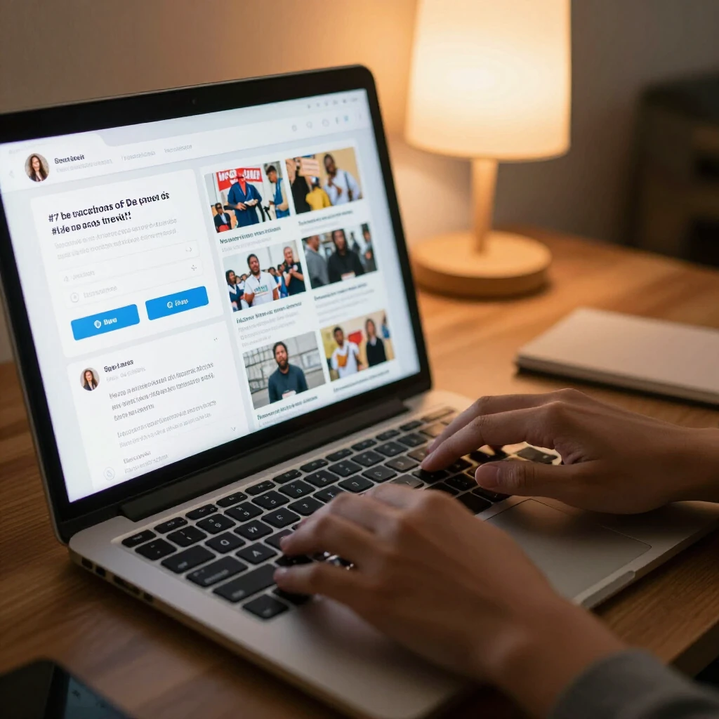 Hands typing and sharing online advocacy content on social media