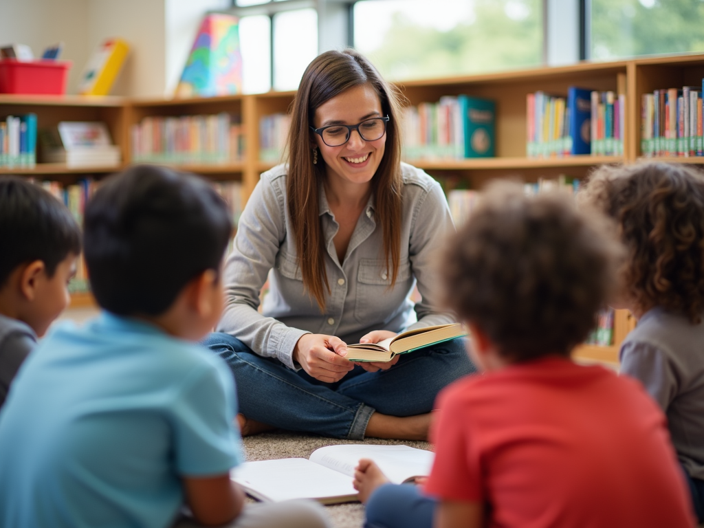 Volunteer reading to kids in a library