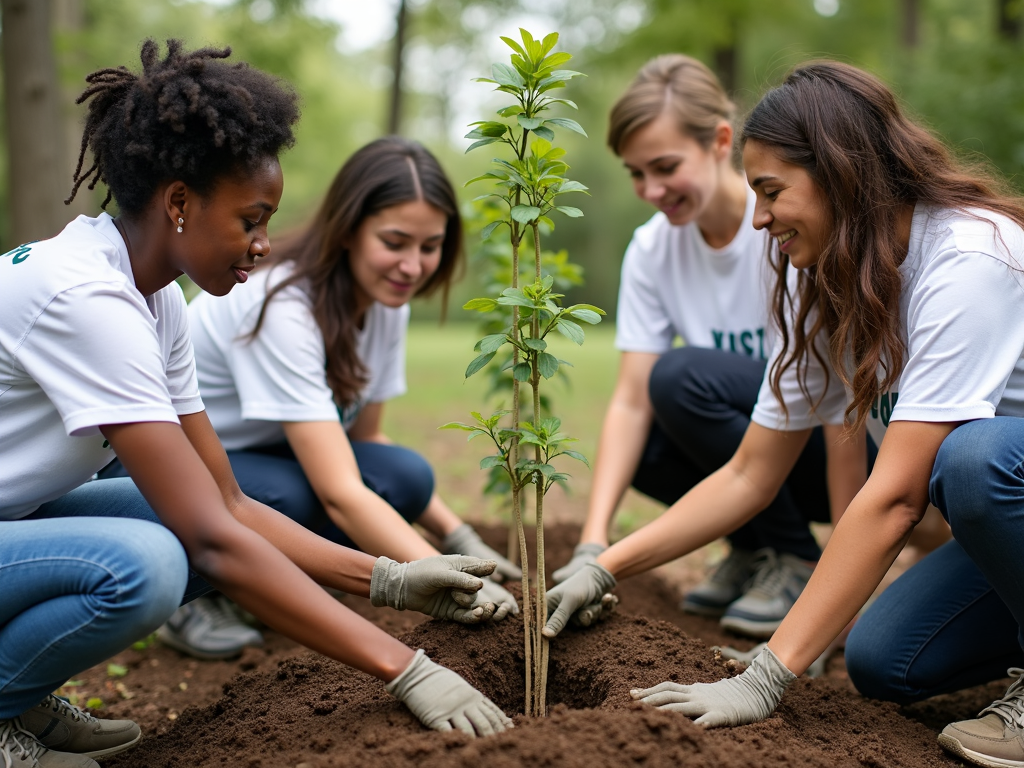 Students participating in a service learning project, planting trees in a park.