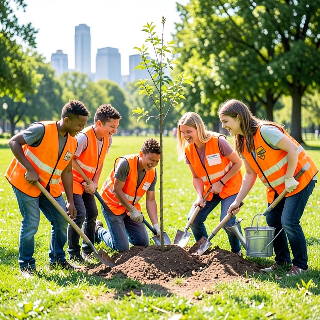 Youth volunteers planting trees in a community park