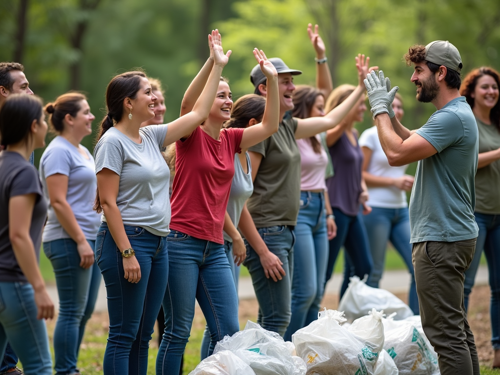Volunteers celebrating after a park cleanup