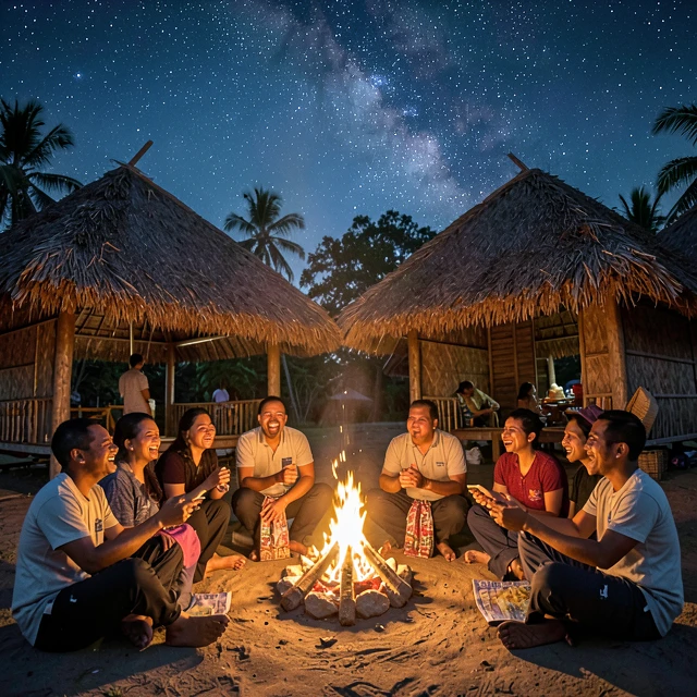 Group of volunteers and locals bonding around a campfire in Cambodia