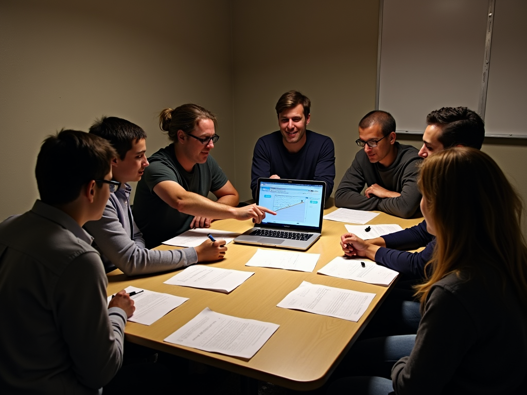 A grassroot advocacy team planning their next move during a late-night meeting.